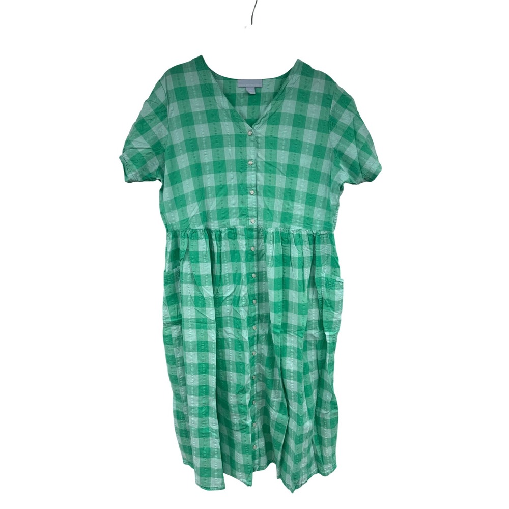 Only Necessities Green Gingham Cotton Button Front House Dress Large 18/20